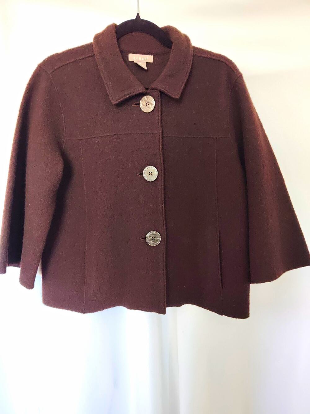 Kenar Brown Solid 100% Wool Button Front Collared 3/4 Sleeve Short Jacket M